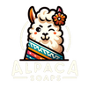 Logo of Alpaca Soaps, featuring an adorable, smiling alpaca with a flower behind its ear, peeking over a colorful, geometric-patterned blanket. The company name 'Alpaca Soaps' is written below in stylized, friendly lettering