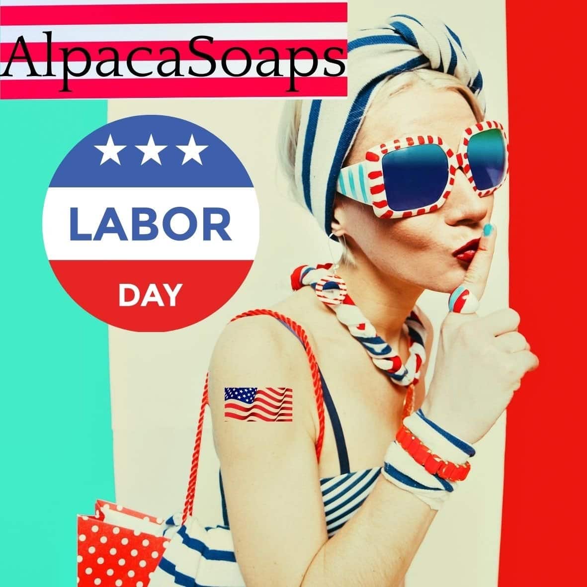 Woman dressed in red, white and blue of Labor Day AlpacaSoaps Alpaca Soaps