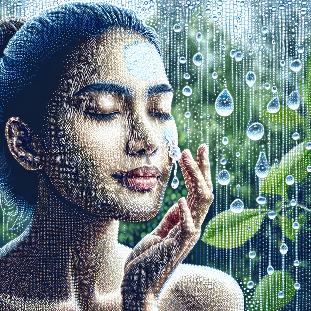 Pointillist image of a serene woman with water droplets on skin, against a background of raindrops and lush greenery.