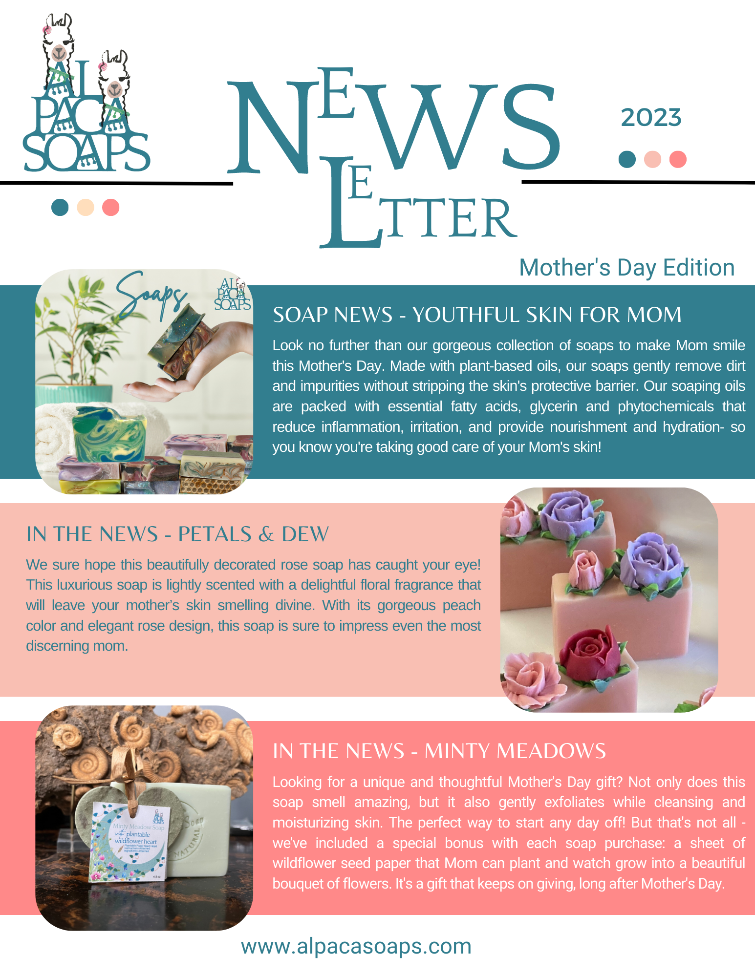 Image of front page of AlpacaSoaps Alpaca Soaps Newsletter Blog Post: Mother's Day Newsletter 2023