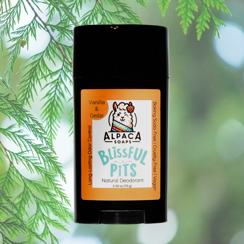 Alpaca Soaps Blissful Pits Natural Deodorant Baking Soda-free, vegan, long-lasting odor control, Vanilla and Cedar