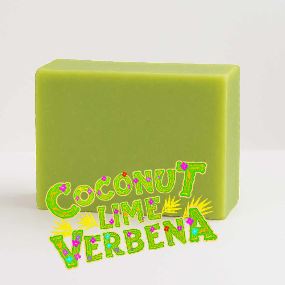 Green soap bar with 'Coconut Lime Verbena' text on a white background