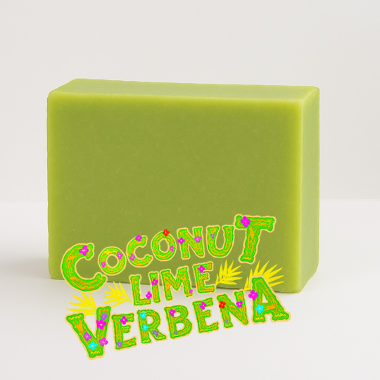 Green soap bar with 'Coconut Lime Verbena' text on a white background