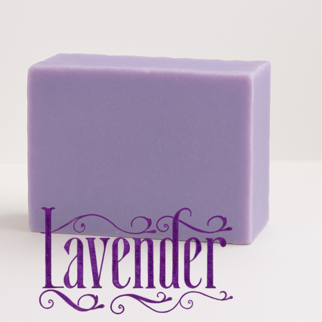 Block of lavender soap with 'Lavender' text on a light background