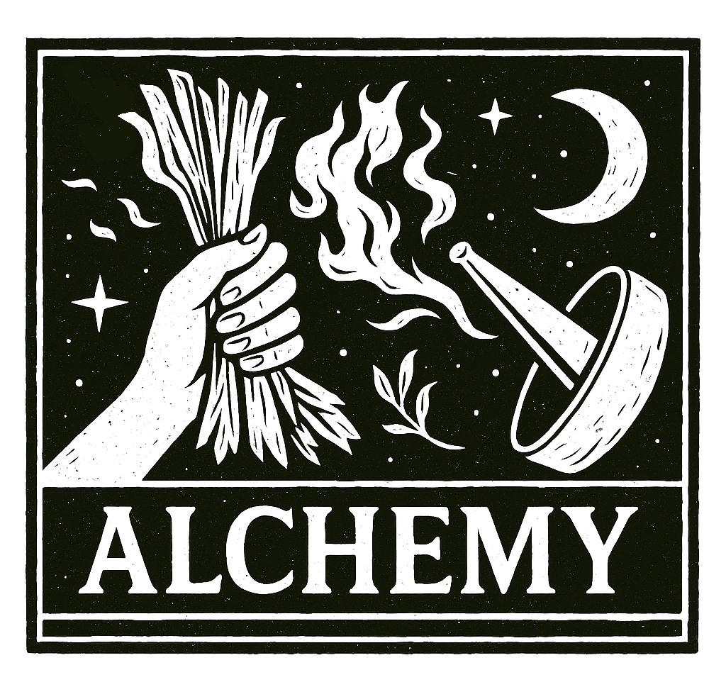 Black and white illustration of a hand holding herbs, a flame, and a mortar and pestle with 'ALCHEMY' text.