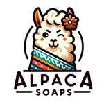 Logo of Alpaca Soaps, featuring an adorable, smiling alpaca with a flower behind its ear, peeking over a colorful, geometric-patterned blanket. The company name 'Alpaca Soaps' is written below in stylized, friendly lettering