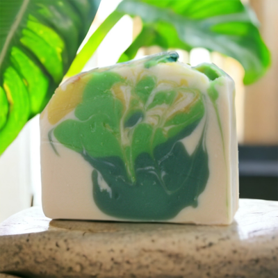 Coconut Lime Verbena Bar Soap on a polished stone with monstera house plant and window in the background Alpaca Soaps AlpacaSoaps