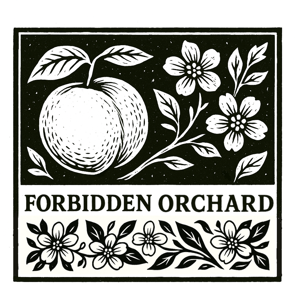 Black and white illustration of an apple with flowers and leaves, featuring 'Forbidden Orchard' text.