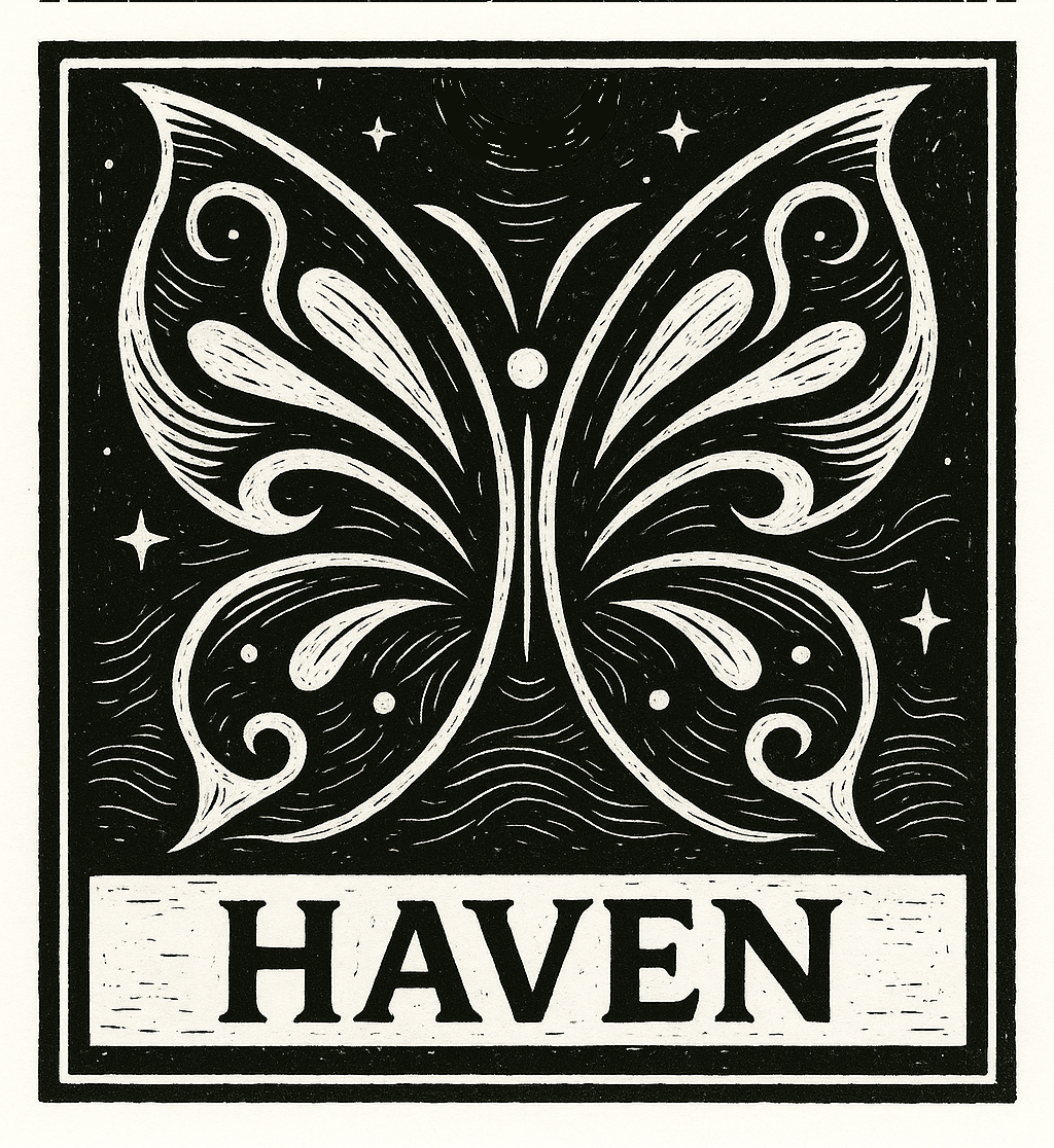 Butterfly design with 'HAVEN' text on a black background