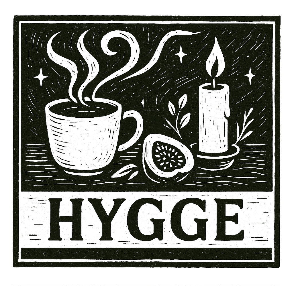 Illustration of a cup of coffee, candle, and fruit with 'HYGGE' text on a dark background.