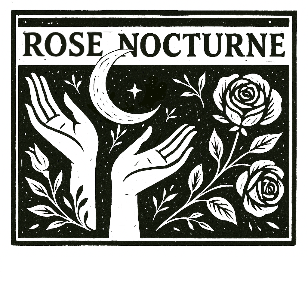 Illustration of hands, a crescent moon, and roses with 'Rose Nocturne' text.