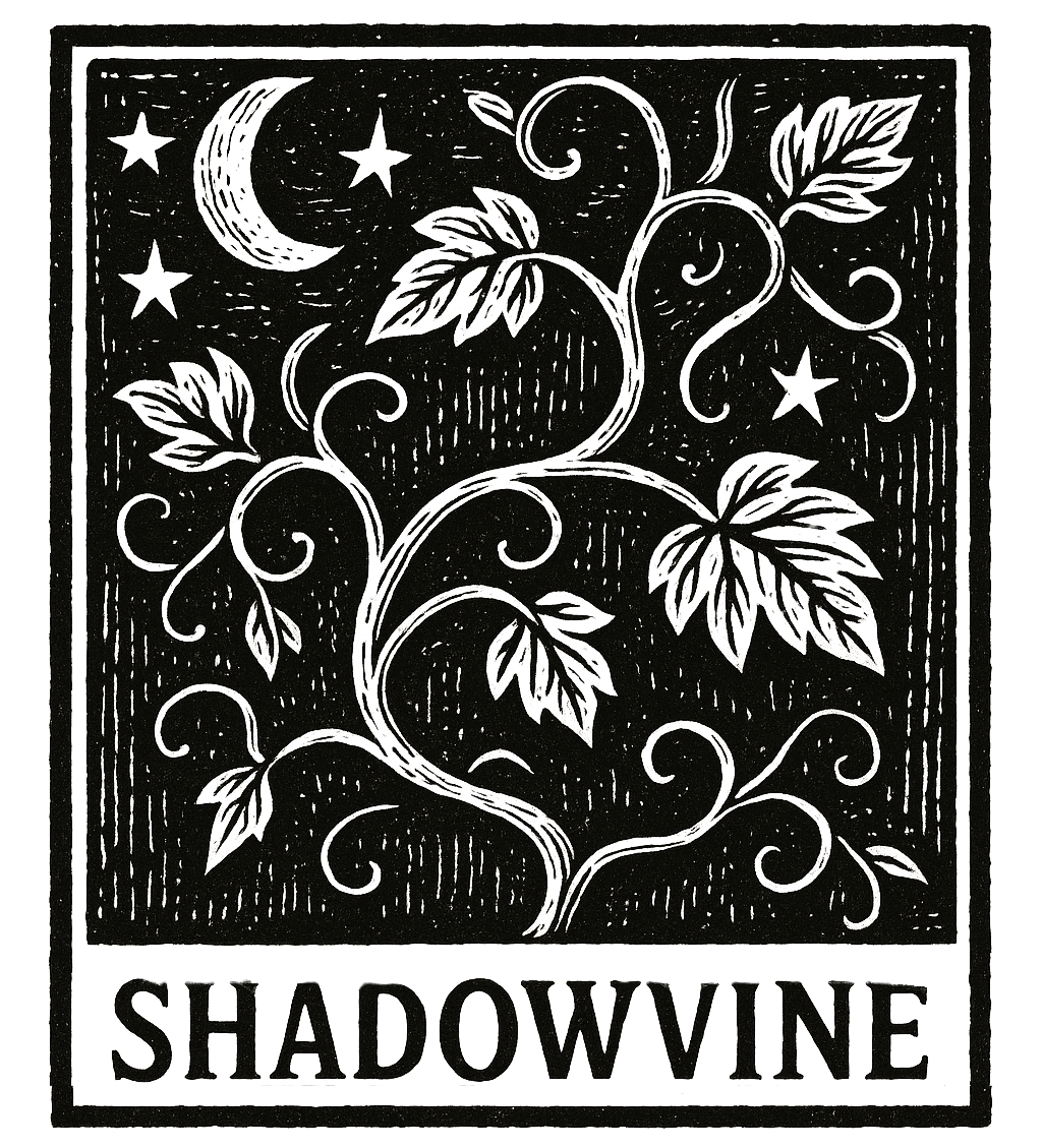 Decorative design with leaves, stars, and a moon, featuring the brand 'Shadowvine'.