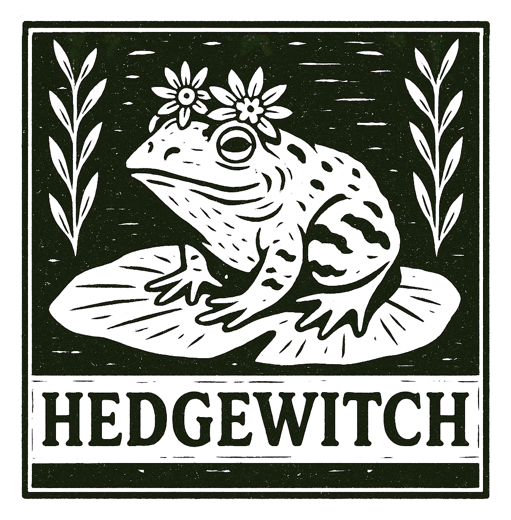 Frog with flowers on head on a black background with 'Hedgewitch' text.