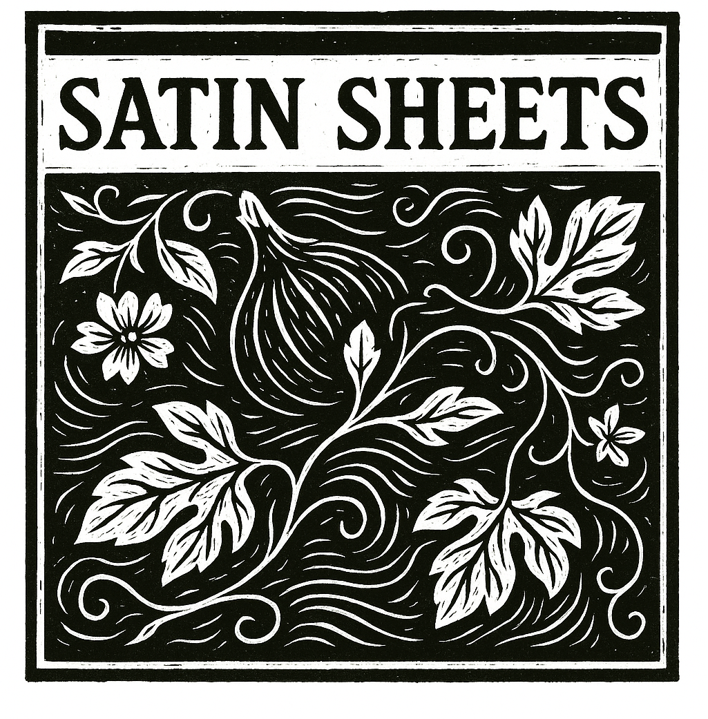Decorative logo with 'Satin Sheets' text and floral designs on a black background