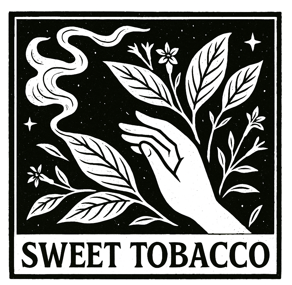 Black and white illustration of a hand holding tobacco leaves with 'Sweet Tobacco' text.