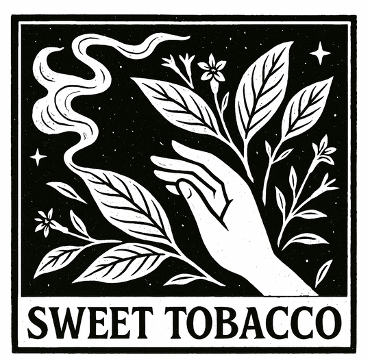 Black and white illustration of a hand holding tobacco leaves with 'Sweet Tobacco' text.