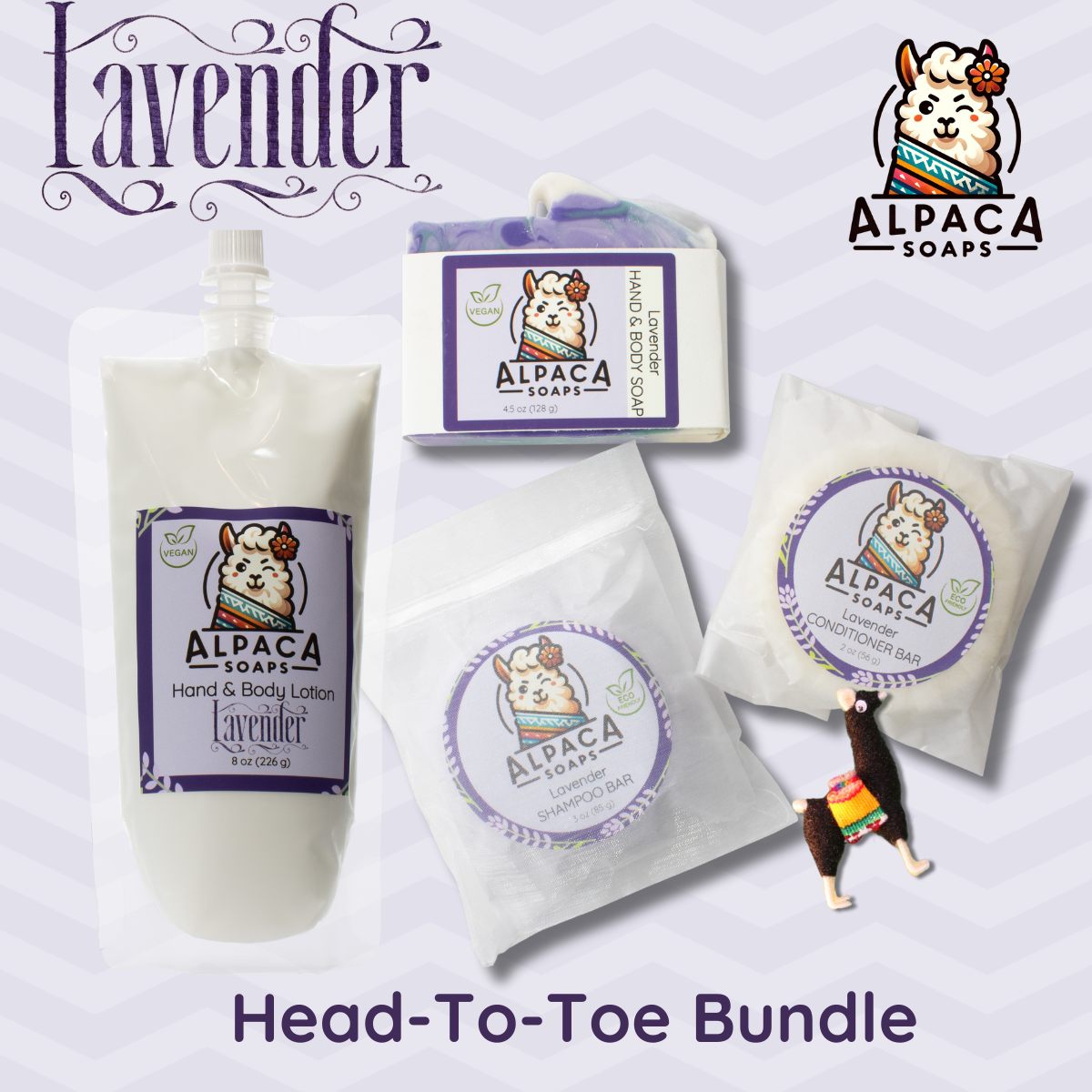 Head to Toe Bundle with shampoo, conditioner bar, soap, lotion and an alpaca key chain. Flat lay on a lavender background