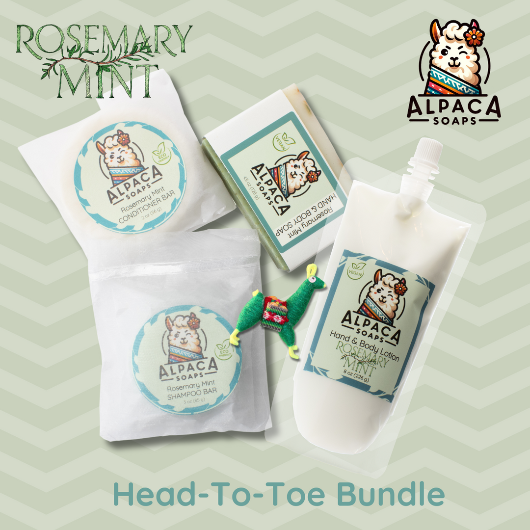 Head to Toe Bundle with shampoo, conditioner bar, soap, lotion, and an alpaca key chain. Flat lay on a mint green background