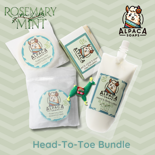 Head to Toe Bundle with shampoo, conditioner bar, soap, lotion, and an alpaca key chain. Flat lay on a mint green background