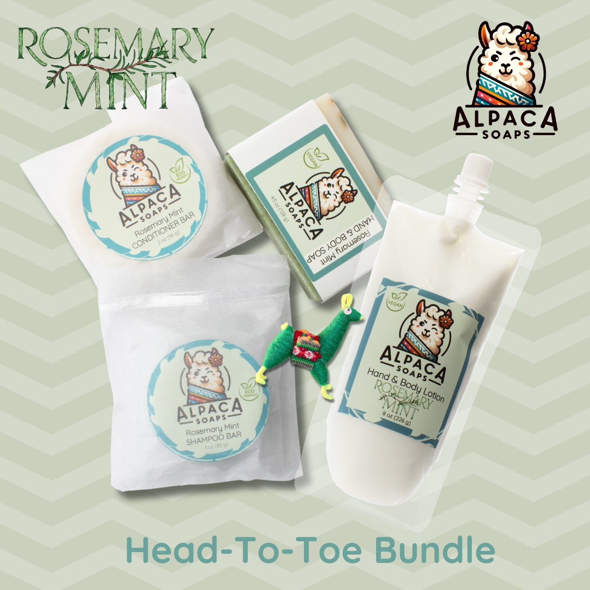Head to Toe Bundle with shampoo, conditioner bar, soap, lotion, and an alpaca key chain. Flat lay on a mint green background