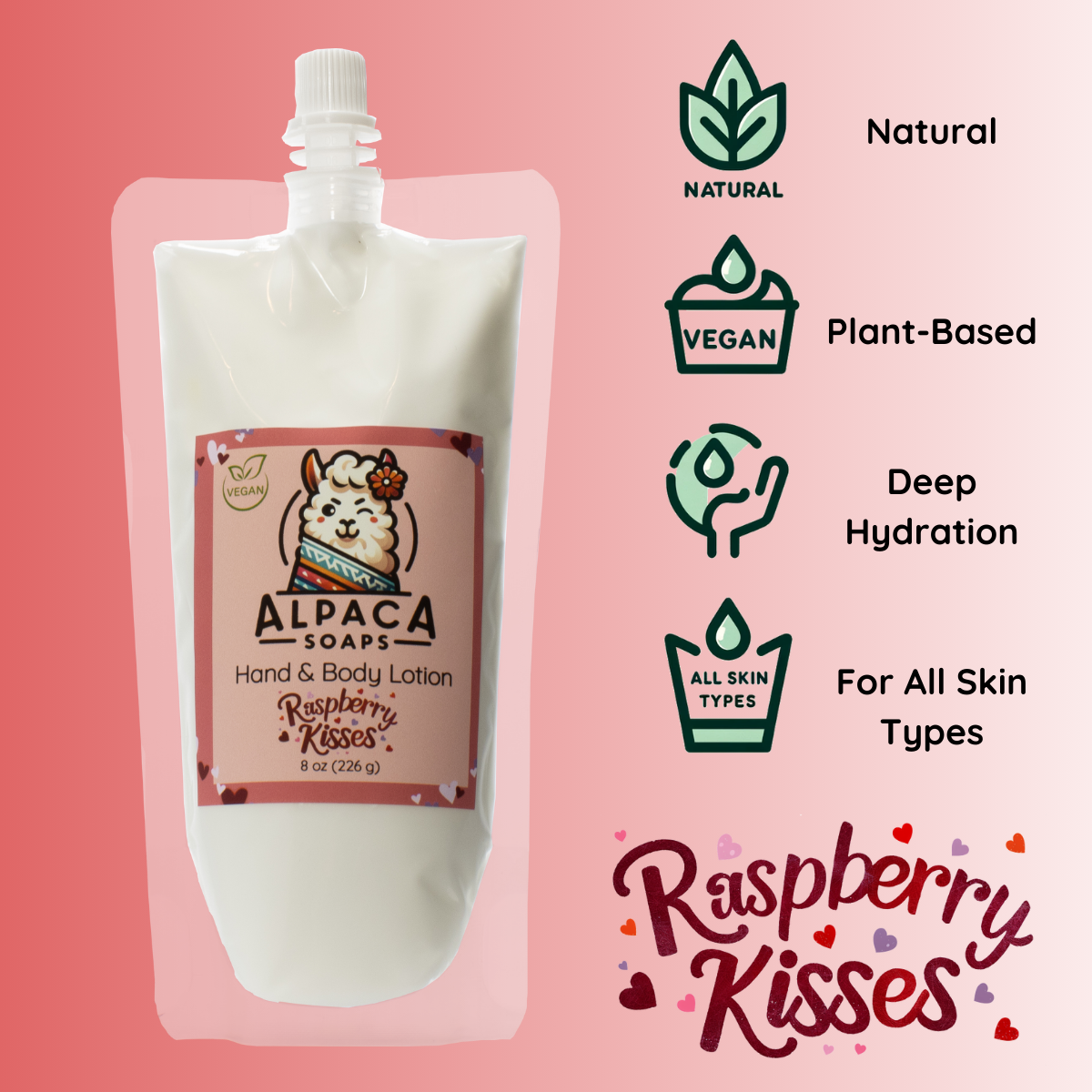 a bottle of alpaca soaps lotion on a pink background, icons that read natural, plant-based, deep hydration, for all skin types