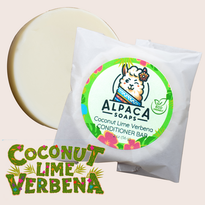 coconut lime verbena soap in a bag next to it's packaging