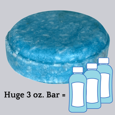 Blue Baja Bloom shampoo bar with text below: Huge 3 Ounce Bar equals icon of three bottles of shampoo. Alpaca Soaps AlpacaSoaps