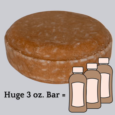 Light brown Bourbon Street shampoo bar with text below: "Huge 3 Ounce Bar" equals icon of three bottles of shampoo. Alpaca Soaps AlpacaSoaps
