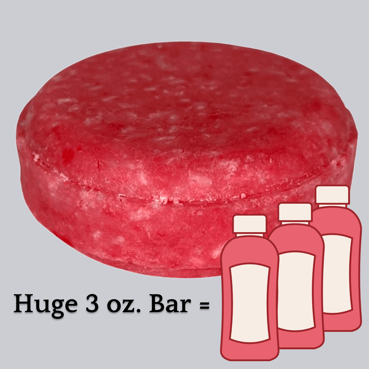 Hot pink Femme Fatale shampoo bar with text below: "Huge 3 Ounce Bar" equals icon of three bottles of shampoo. Alpaca Soaps AlpacaSoaps
