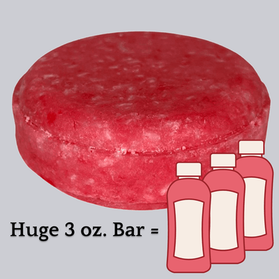 Hot pink Femme Fatale shampoo bar with text below: Huge 3 Ounce Bar equals icon of three bottles of shampoo. Alpaca Soaps AlpacaSoaps