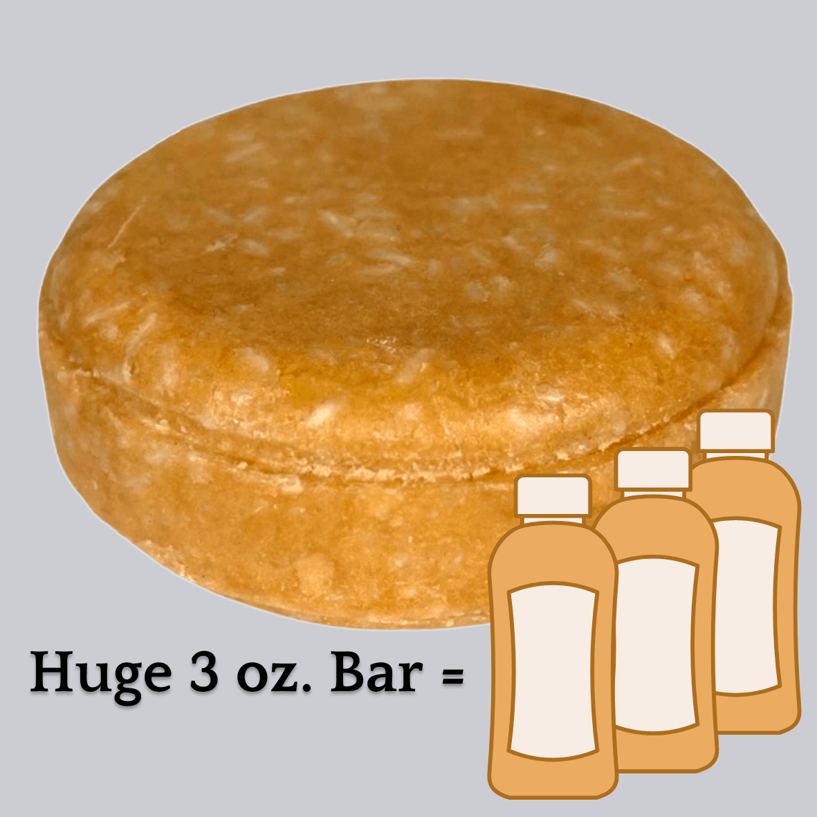 Fawn-colored Honey Oatmeal shampoo bar with text below: "Huge 3 Ounce Bar" equals icon of three bottles of shampoo. Alpaca Soaps AlpacaSoaps
