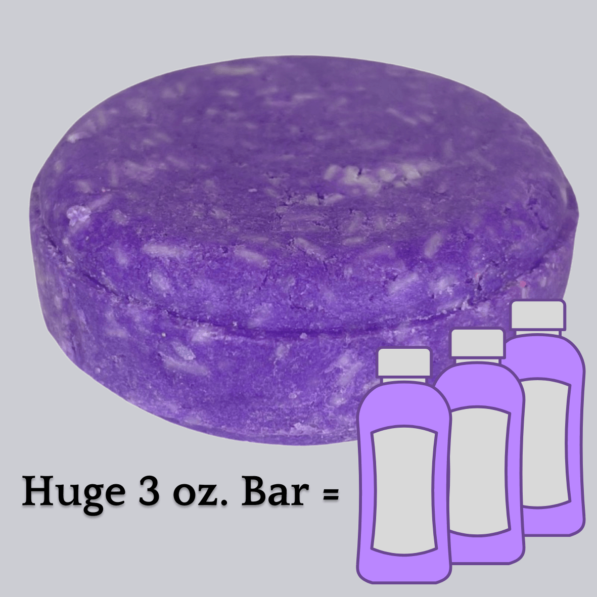Purple Lavender shampoo bar with text below: 