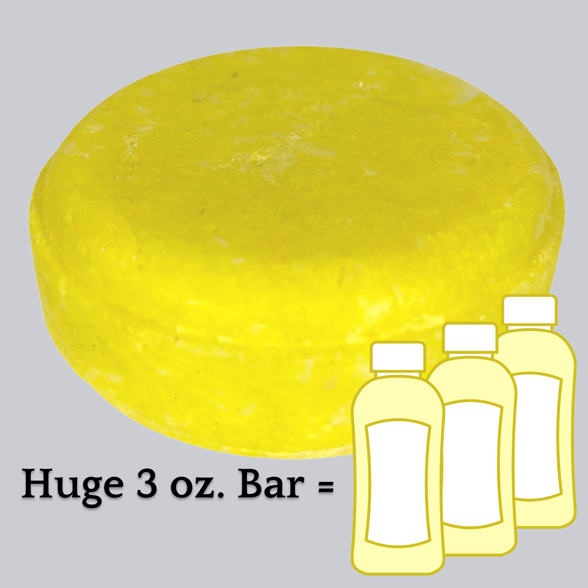 Bright yellow Lemon Verbena shampoo bar with text below: Huge 3 Ounce Bar equals icon of three bottles of shampoo. Alpaca Soaps AlpacaSoaps