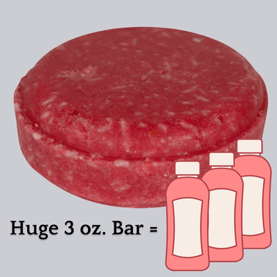 Raspberry-colored Raspberry Kisses shampoo bar with text below: "Huge 3 Ounce Bar" equals icon of three bottles of shampoo. Alpaca Soaps AlpacaSoaps