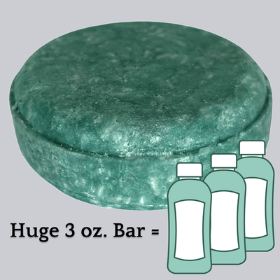 Deep green Rosemary Mint shampoo bar with text below: "Huge 3 Ounce Bar" equals icon of three bottles of shampoo. Alpaca Soaps AlpacaSoaps