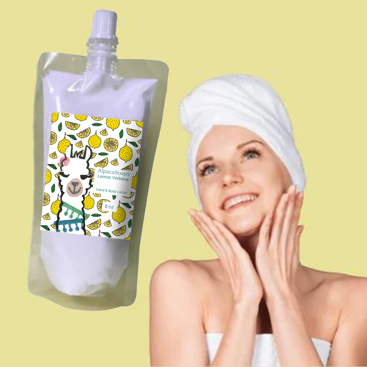 Lemon Verbena scented Lotion, 8 oz, with woman with head towel wrap Alpaca Soaps, AlpacaSoaps