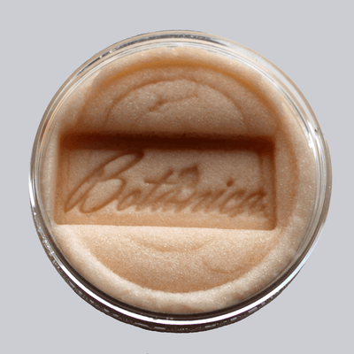 Open jar of sugar body scrub showing the texture, stamped "Botanica" AlpacaSoaps Alpaca Soaps, Tan, Carnival Sugar Scrub