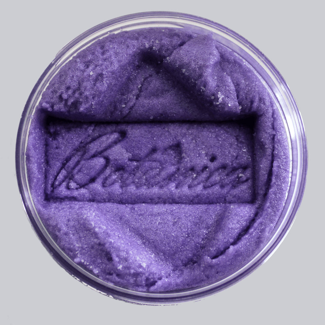 Open jar of sugar body scrub showing the texture, stamped Botanica AlpacaSoaps Alpaca Soaps, Purple, Lavender