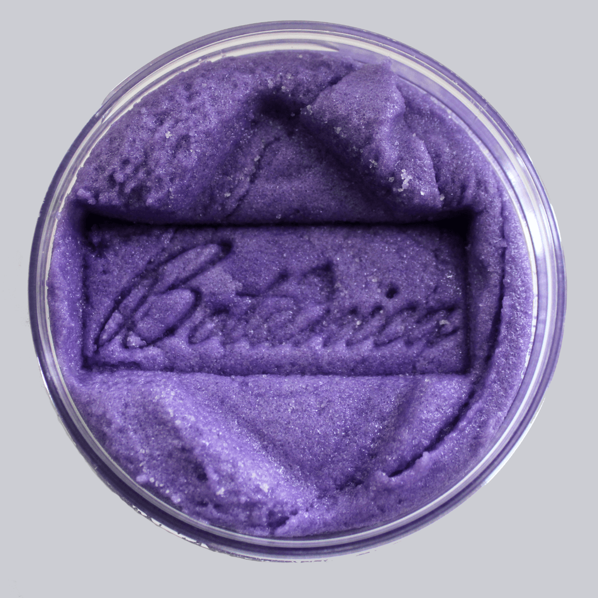 Open jar of sugar body scrub showing the texture, stamped "Botanica" AlpacaSoaps Alpaca Soaps, Purple, Lavender