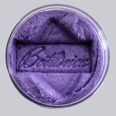 Open jar of sugar body scrub showing the texture, stamped Botanica AlpacaSoaps Alpaca Soaps, Purple, Lavender