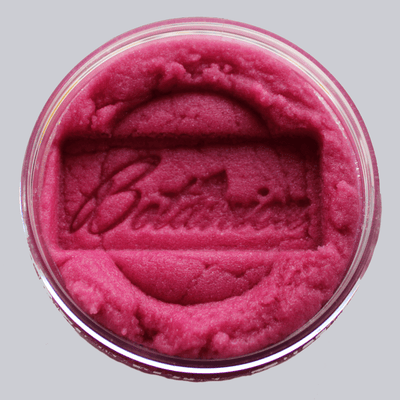 Open jar of sugar body scrub showing the texture, stamped Botanica AlpacaSoaps Alpaca Soaps, Deep pink, Raspberry Kisses