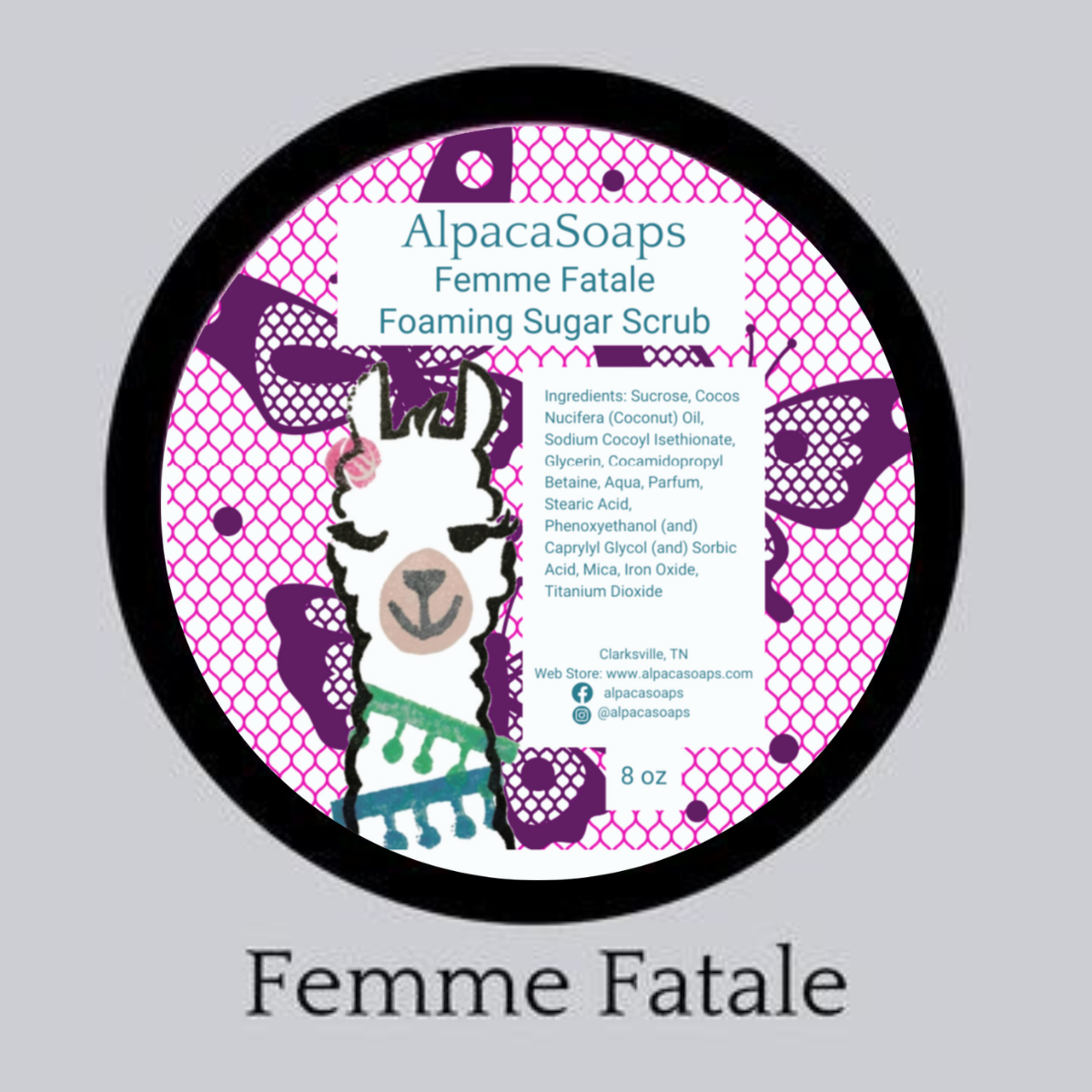 Closed jar of sugar body scrub AlpacaSoaps Alpaca Soaps, Femme Fatale