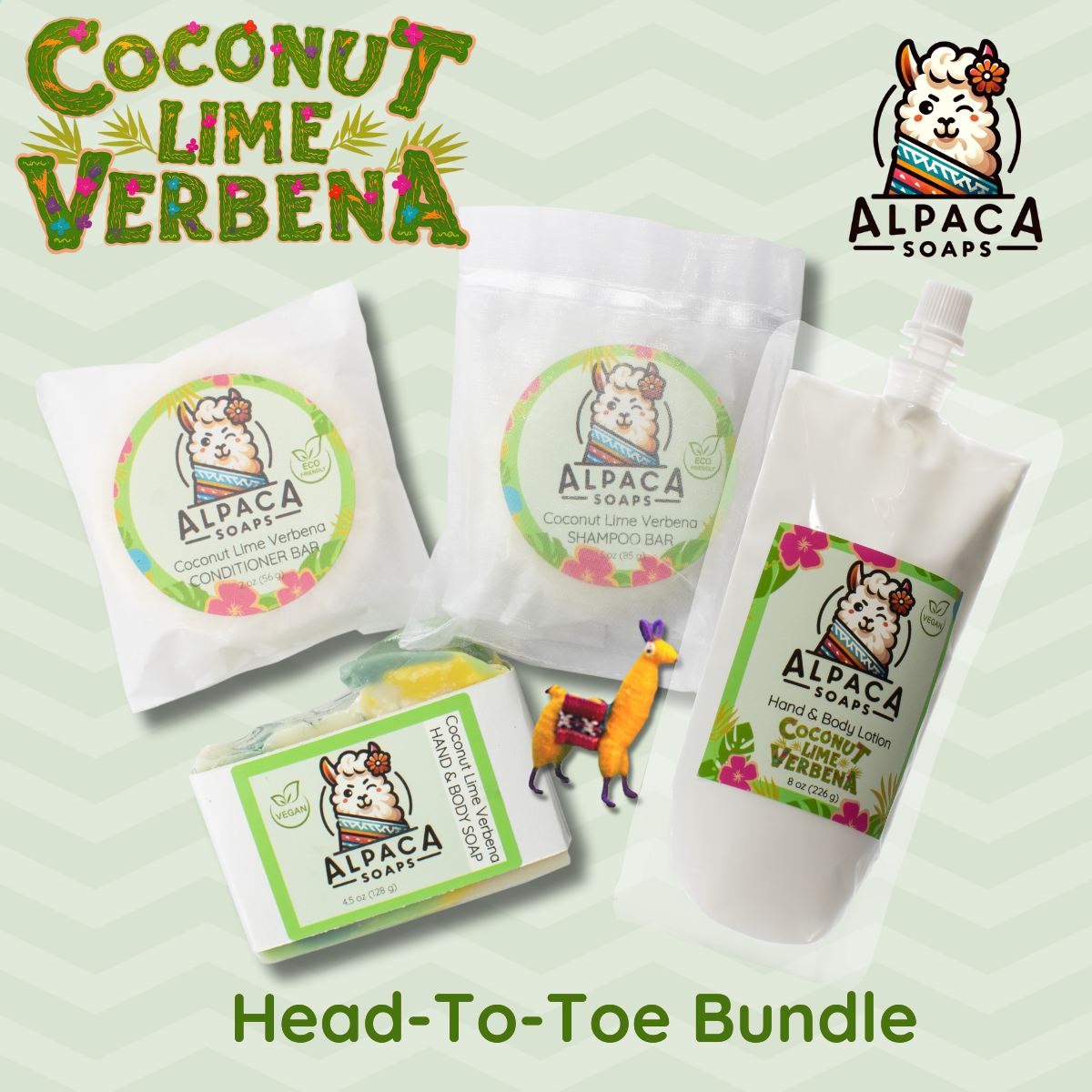 Head to Toe Bundle with shampoo, conditioner bar, soap, lotion and alpaca key chain. Flat lay on a lime green background