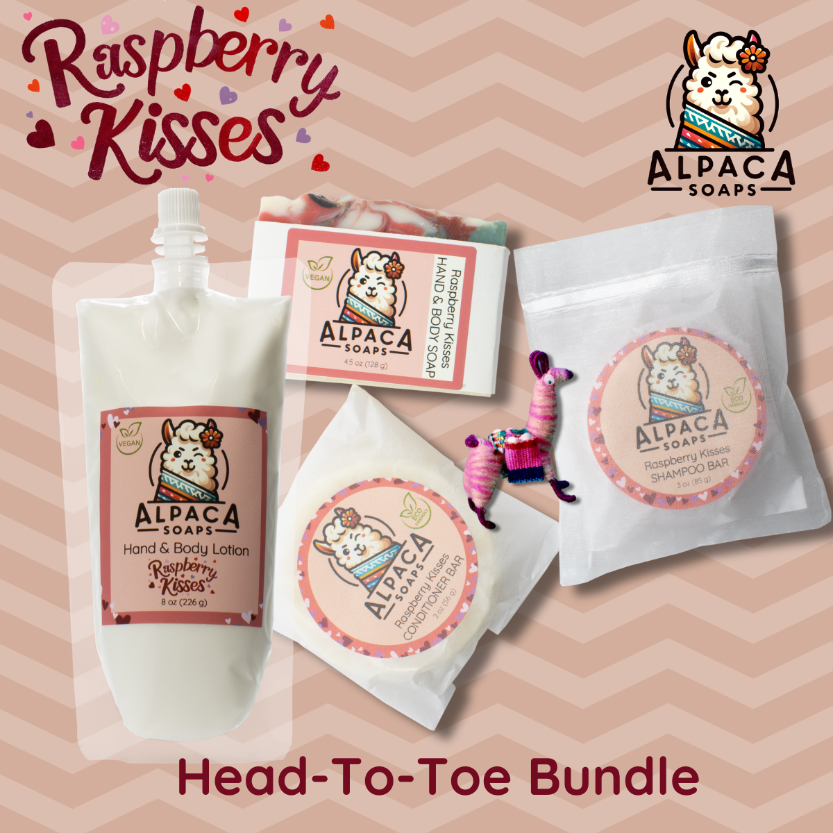 Head to Toe Bundle with shampoo, conditioner bar, soap, lotion and an alpaca key chain. Flat lay on a pink background